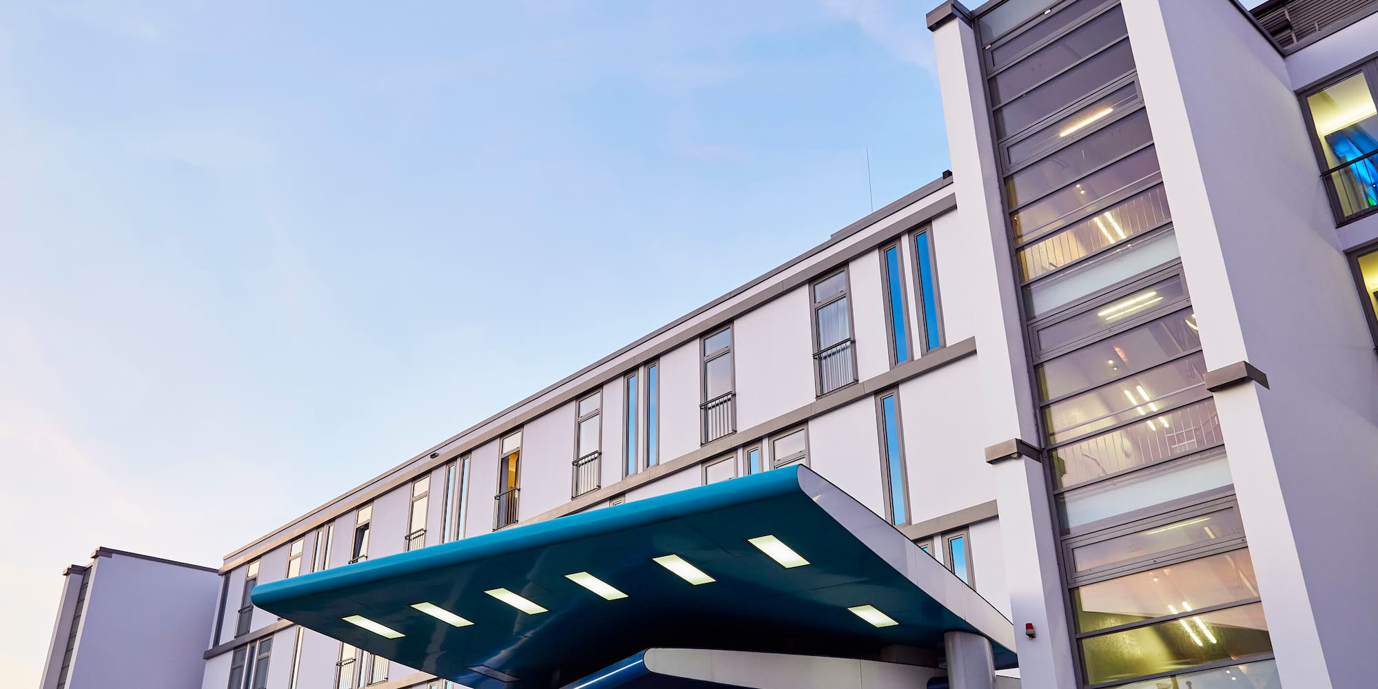 a building with a blue roof