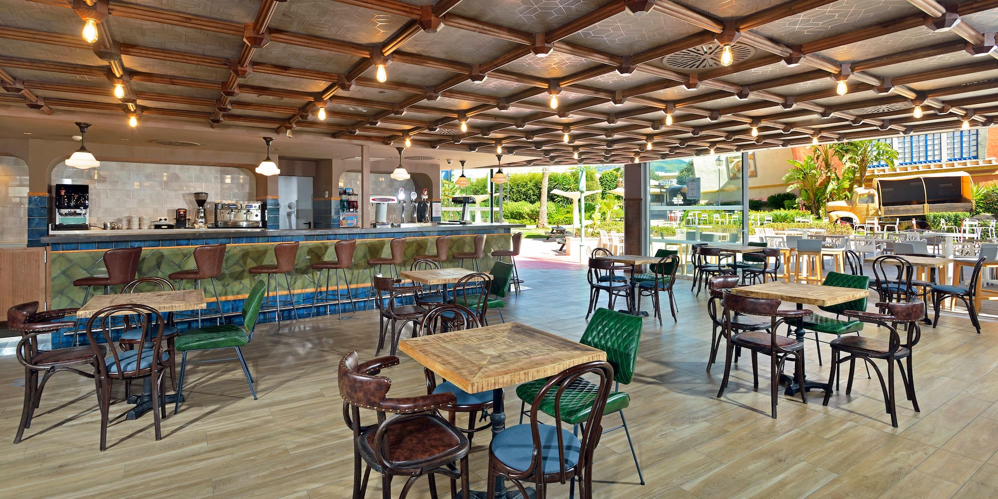 a room with tables and chairs