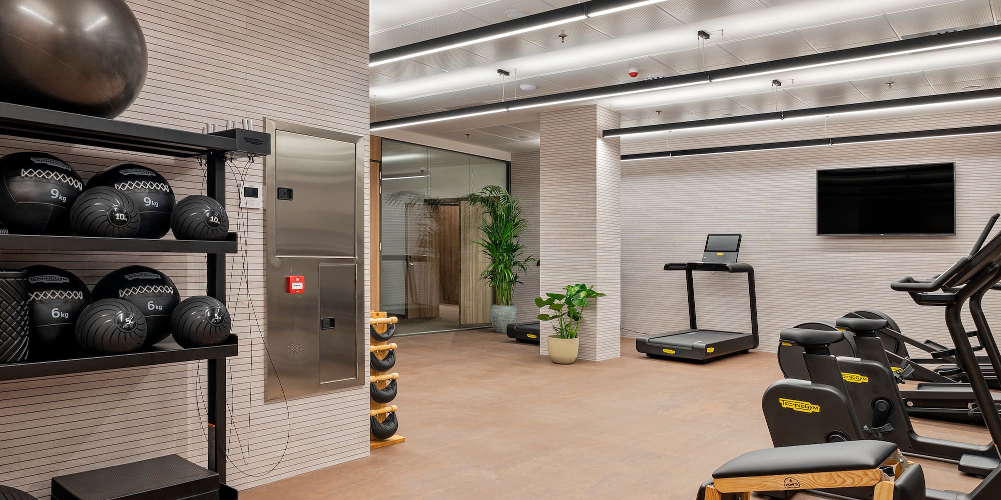 a room with exercise equipment and a mirror