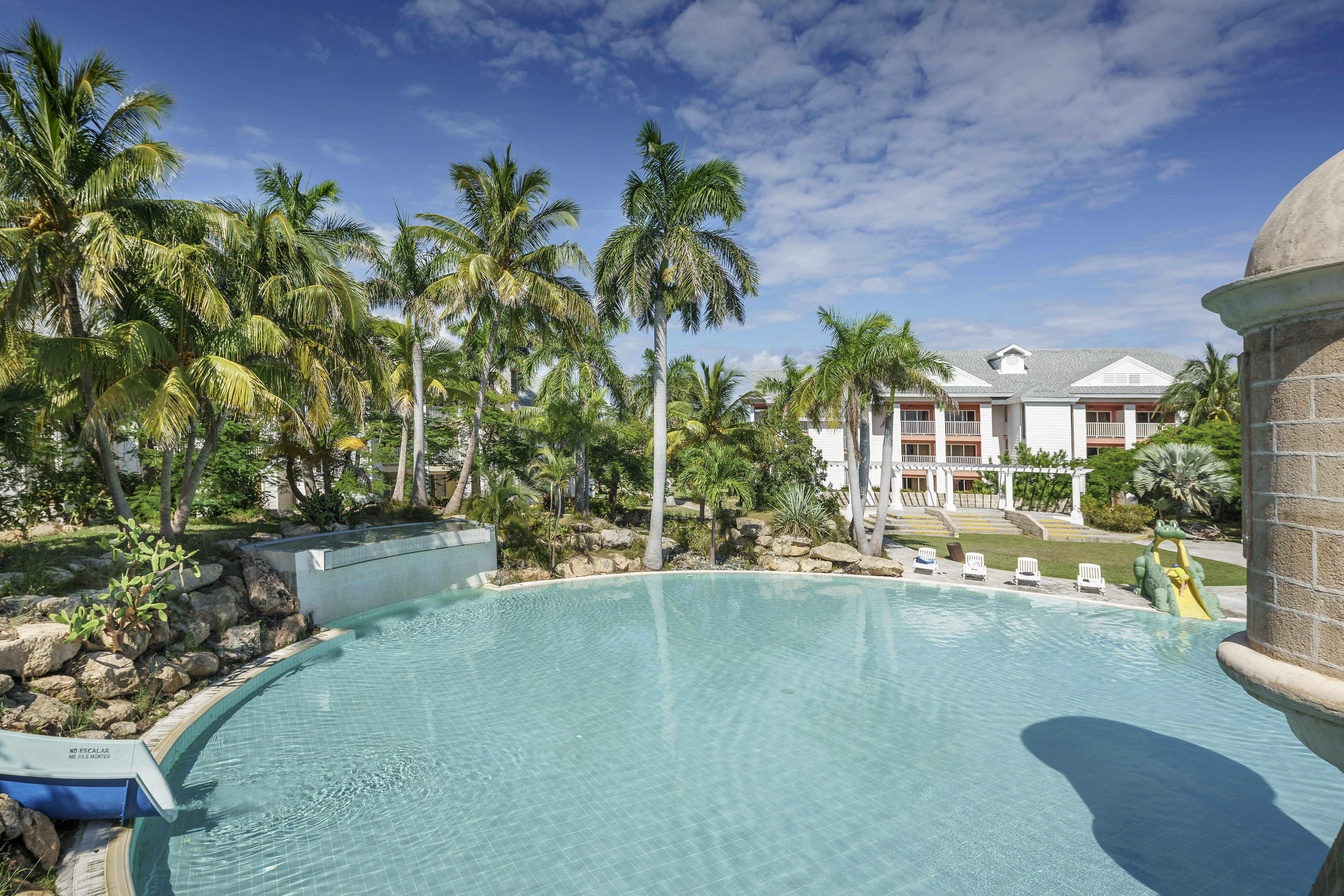 a pool with palm trees and a building in the background