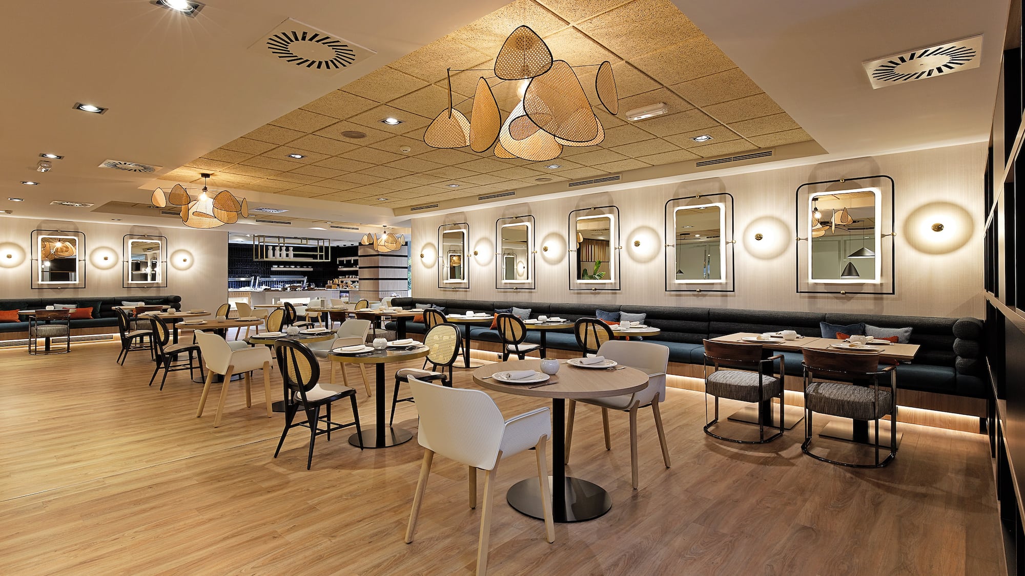 a restaurant with tables and chairs