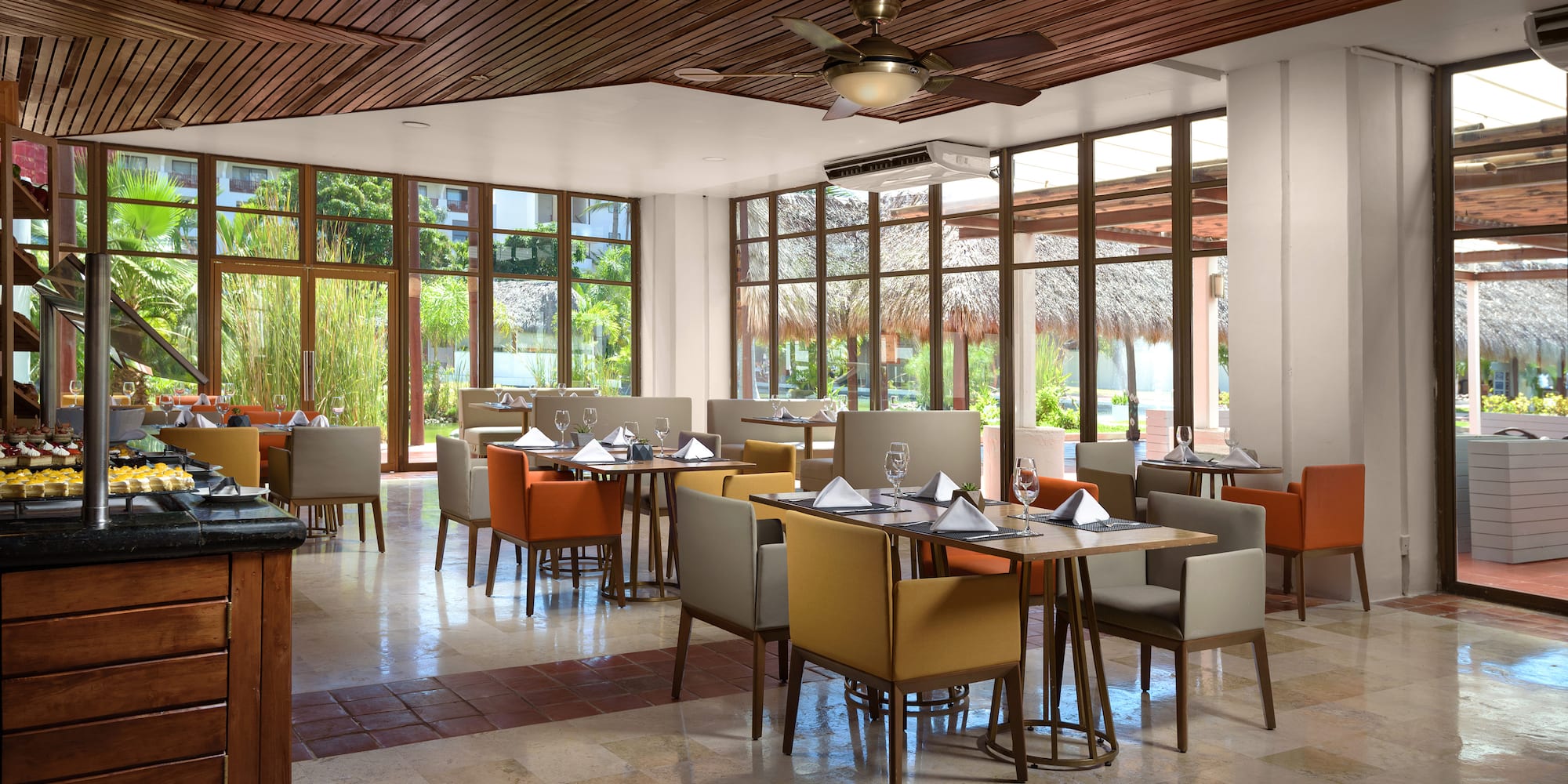 a room with tables and chairs