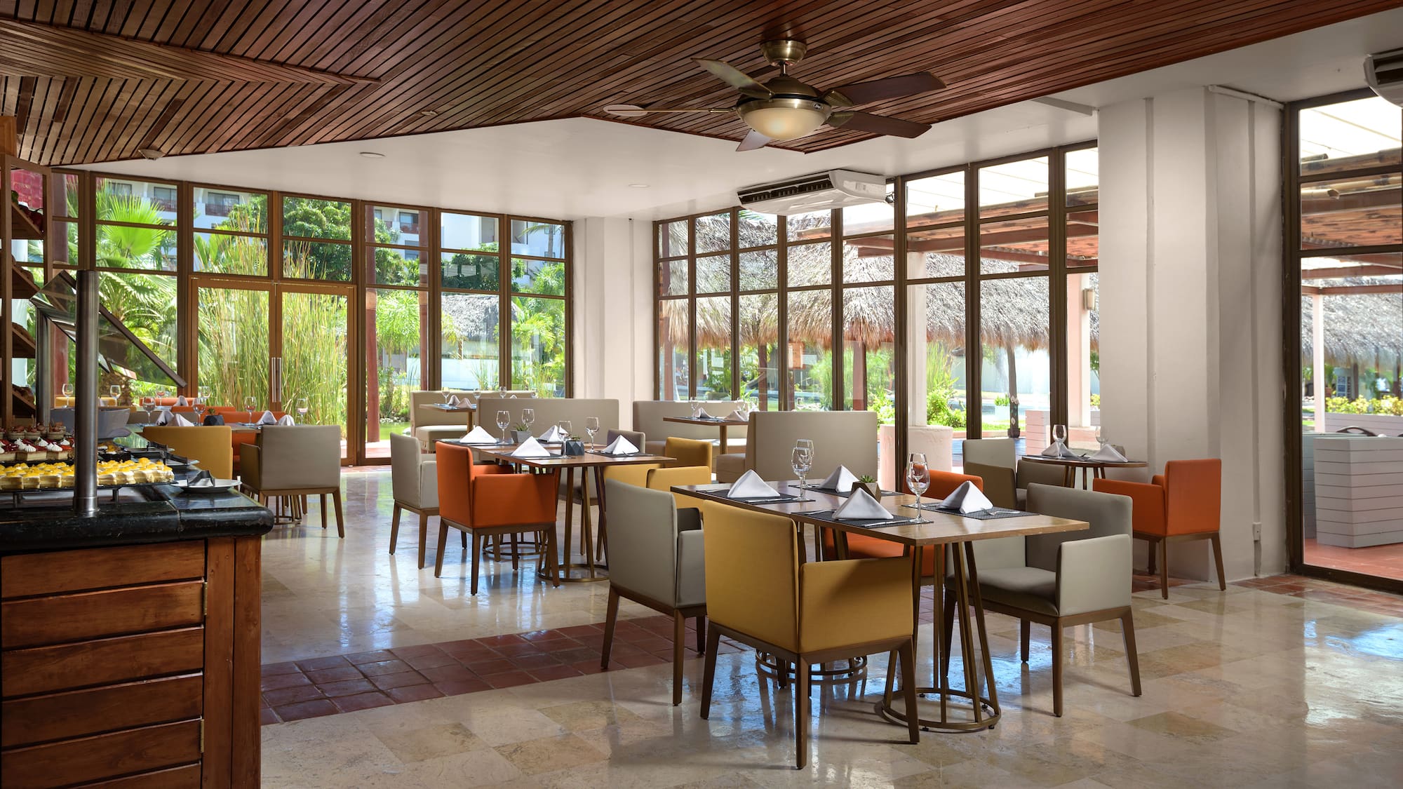 a room with tables and chairs