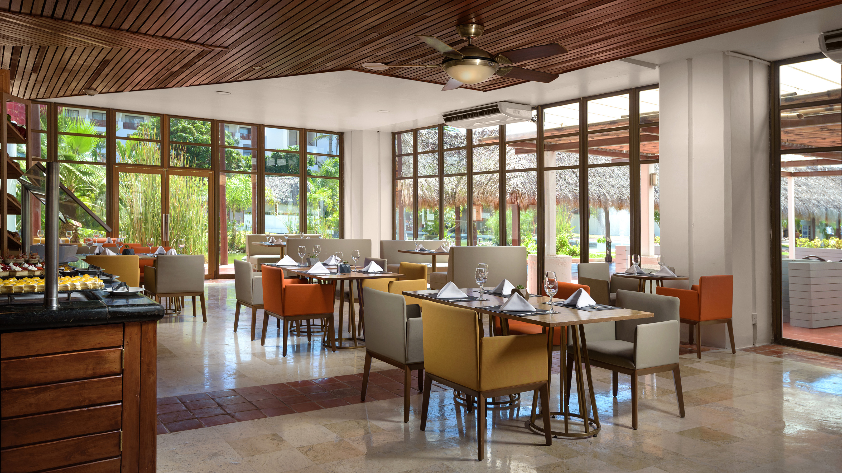 a room with tables and chairs