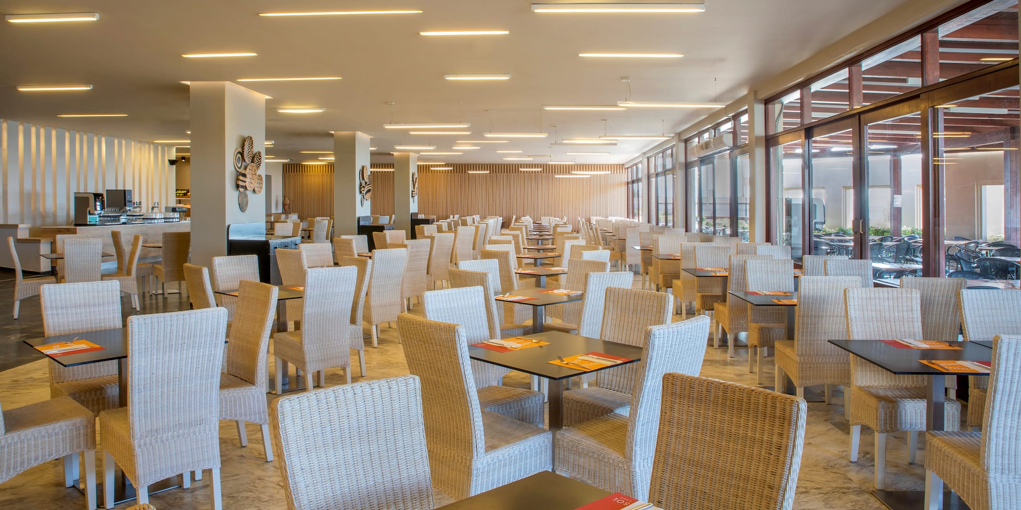 a room with tables and chairs