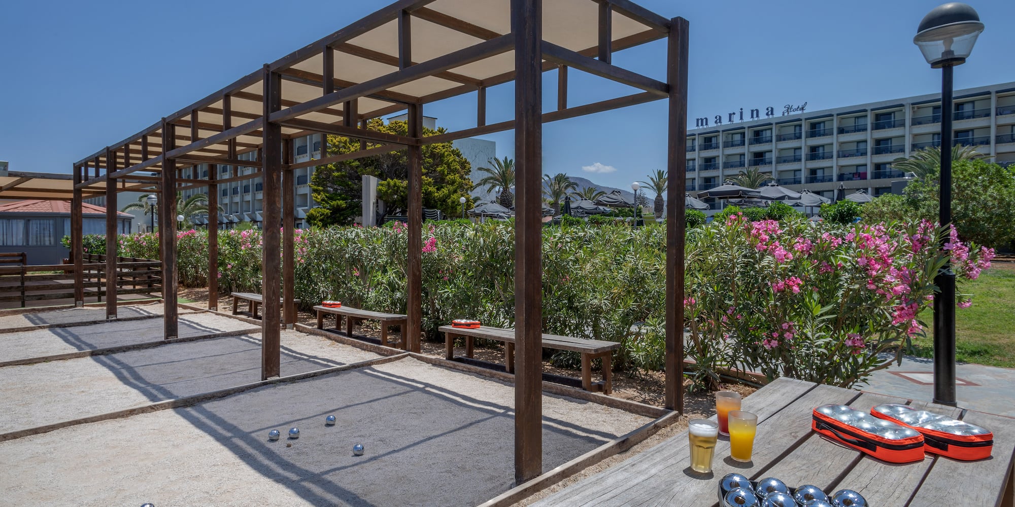 a wooden structure with a game of bocce balls on it