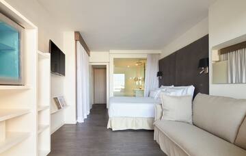 a bedroom with a bed and a couch