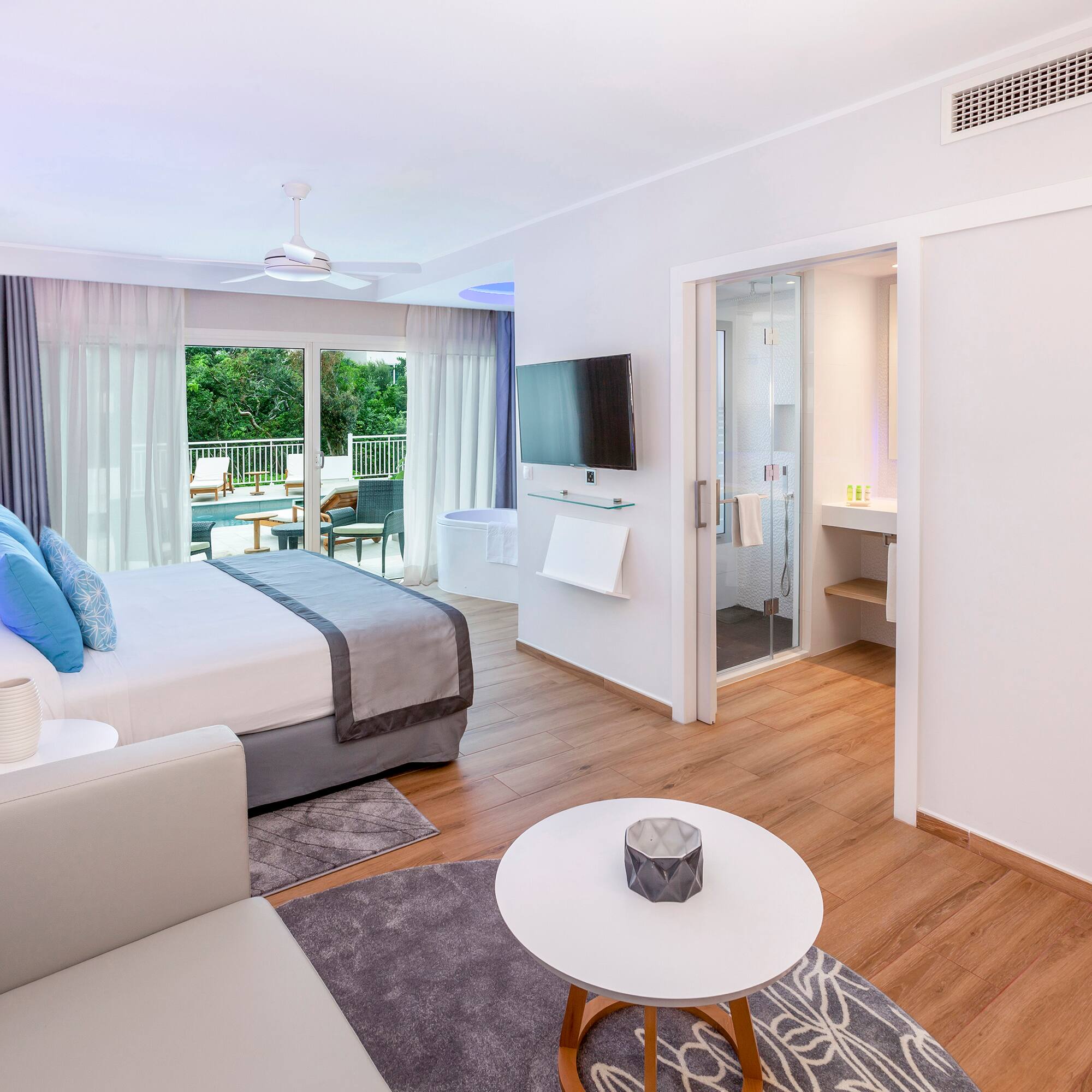 a bedroom with a bed and a television