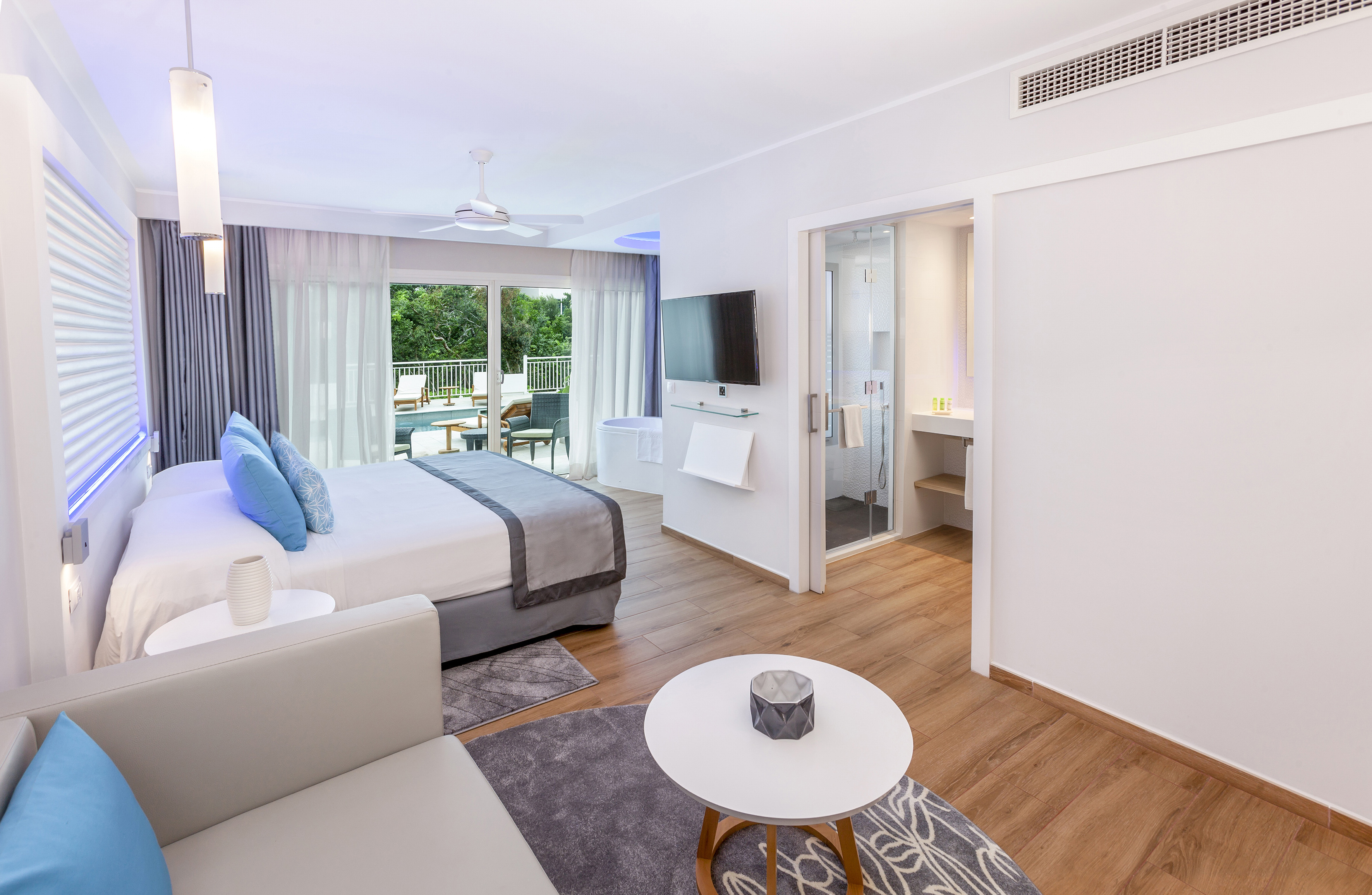 a bedroom with a bed and a television