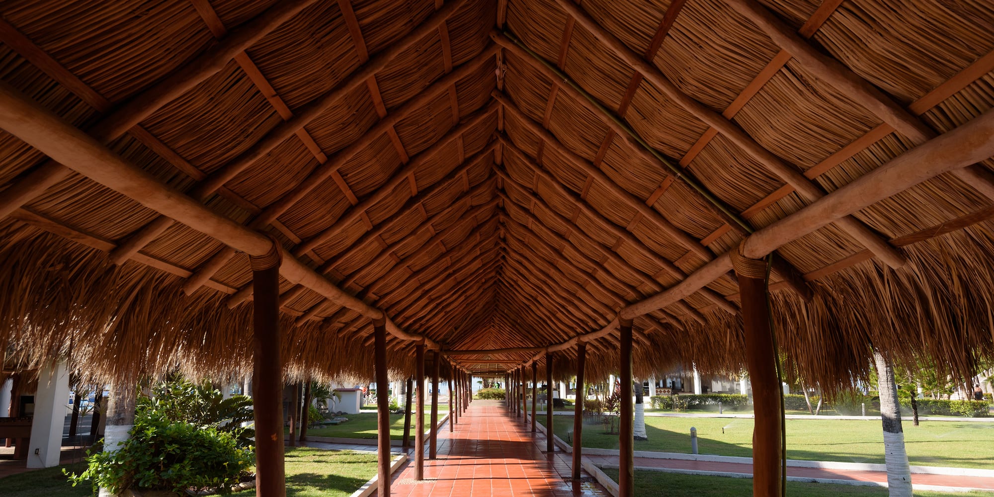 a walkway with a thatched roof