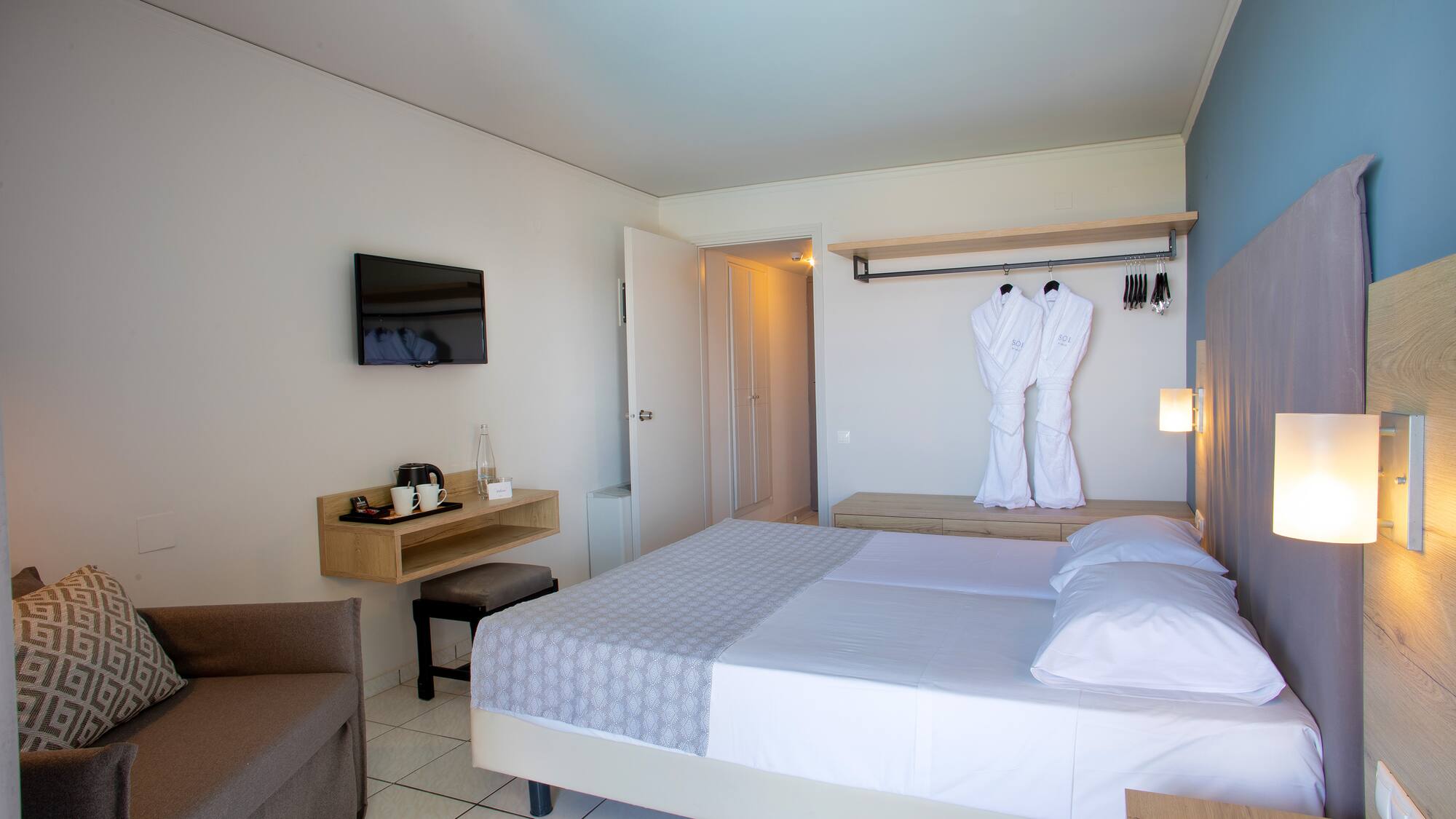 a room with a bed and a tv