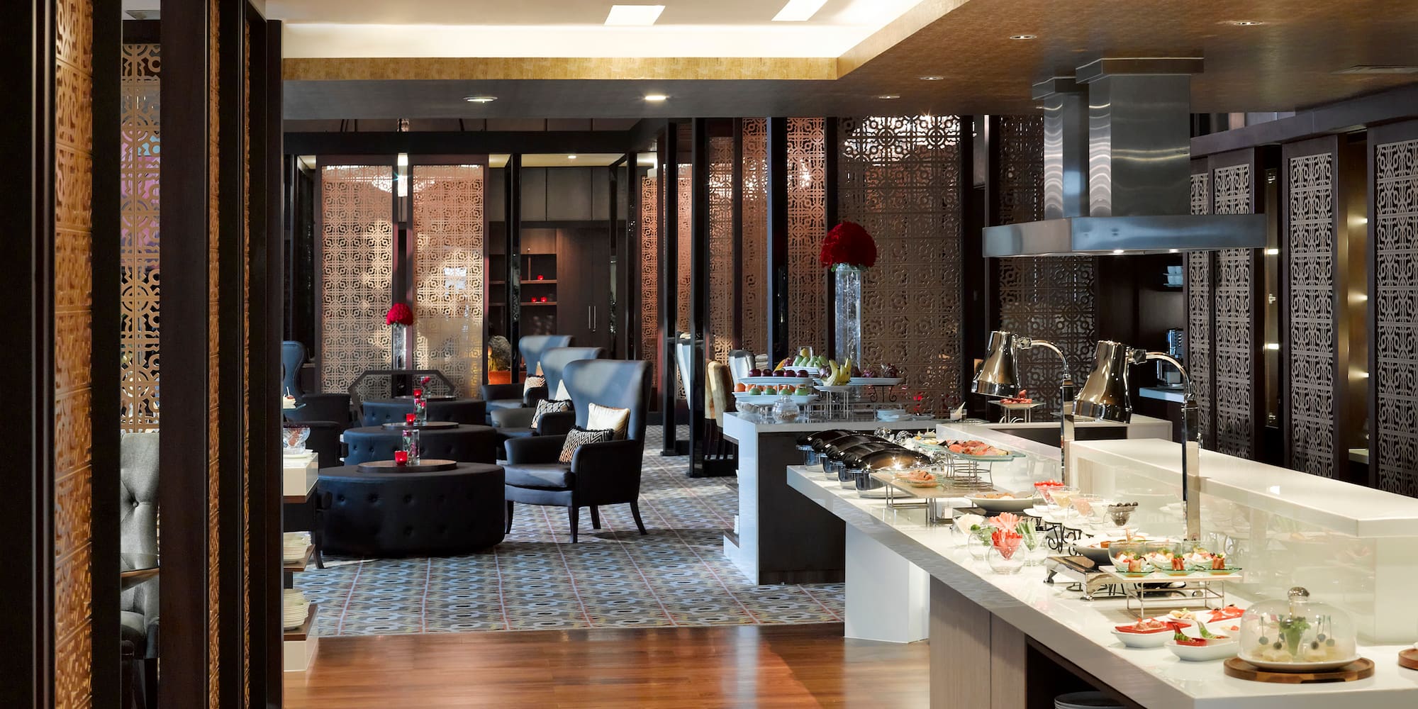 a restaurant with food on the counter