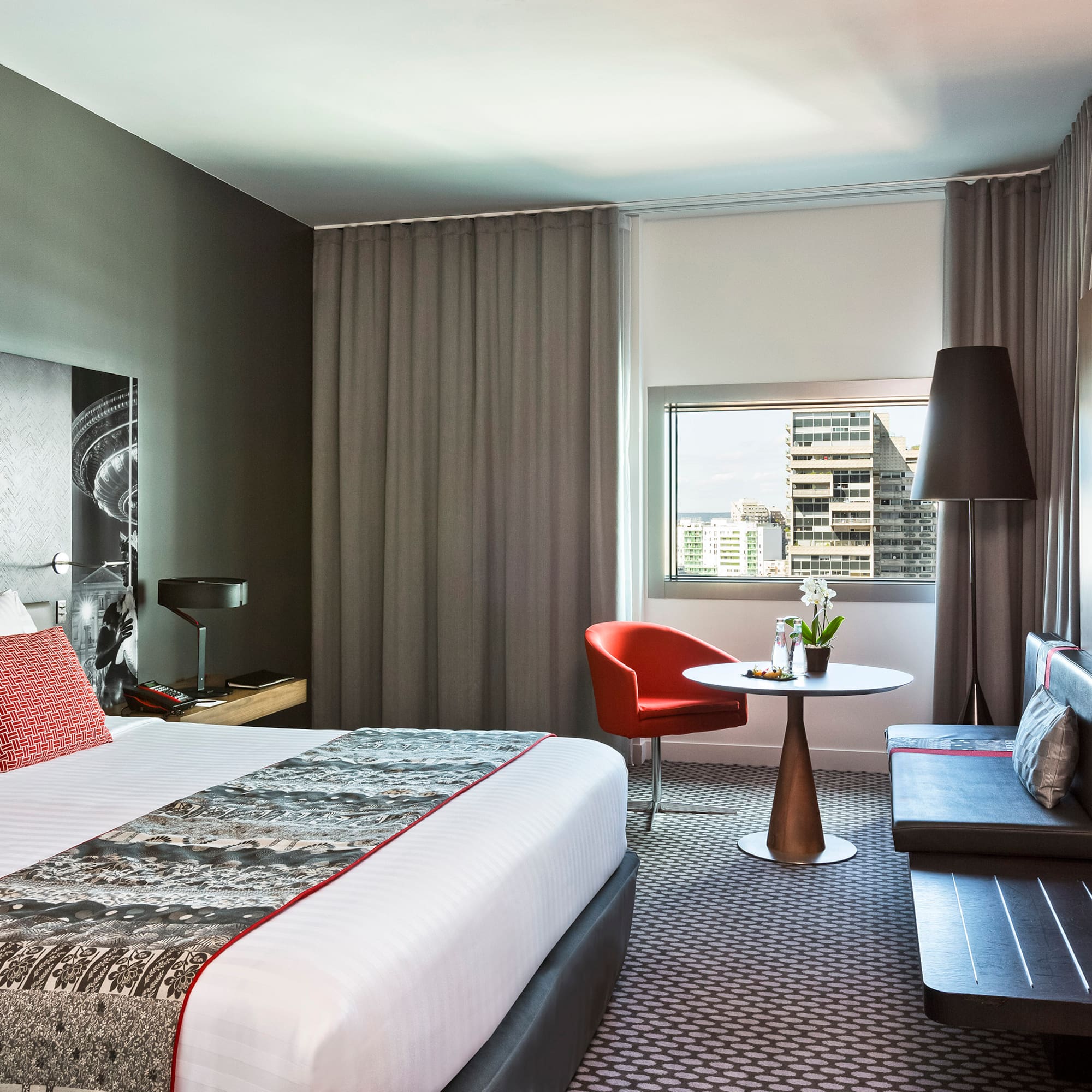 a room with a bed and a table