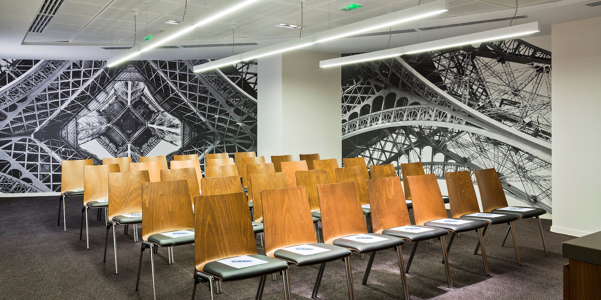 a room with rows of chairs