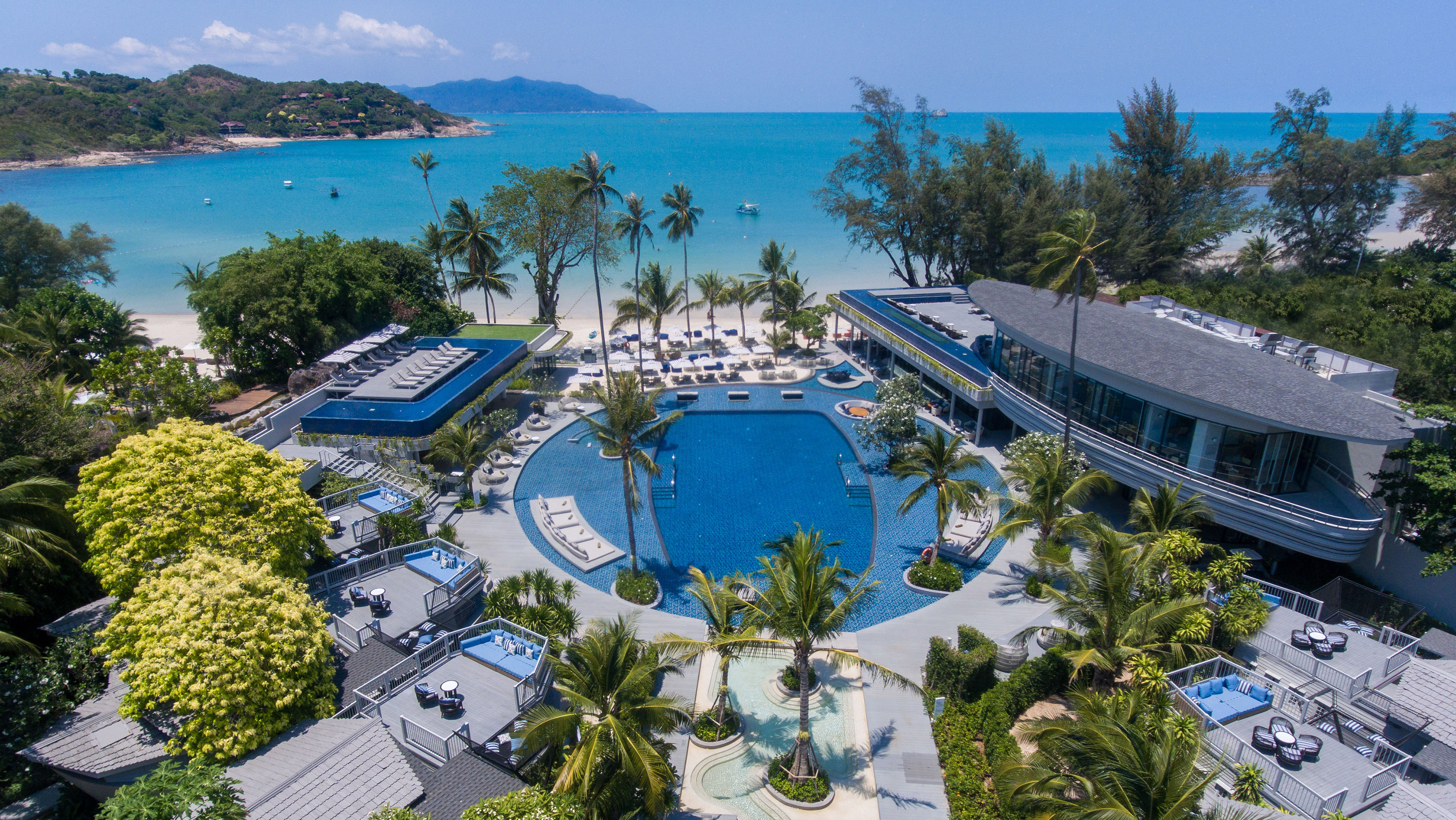 a swimming pool with palm trees and a building on the beach