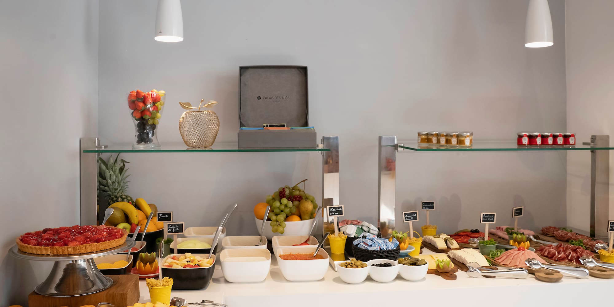 a buffet with food on it