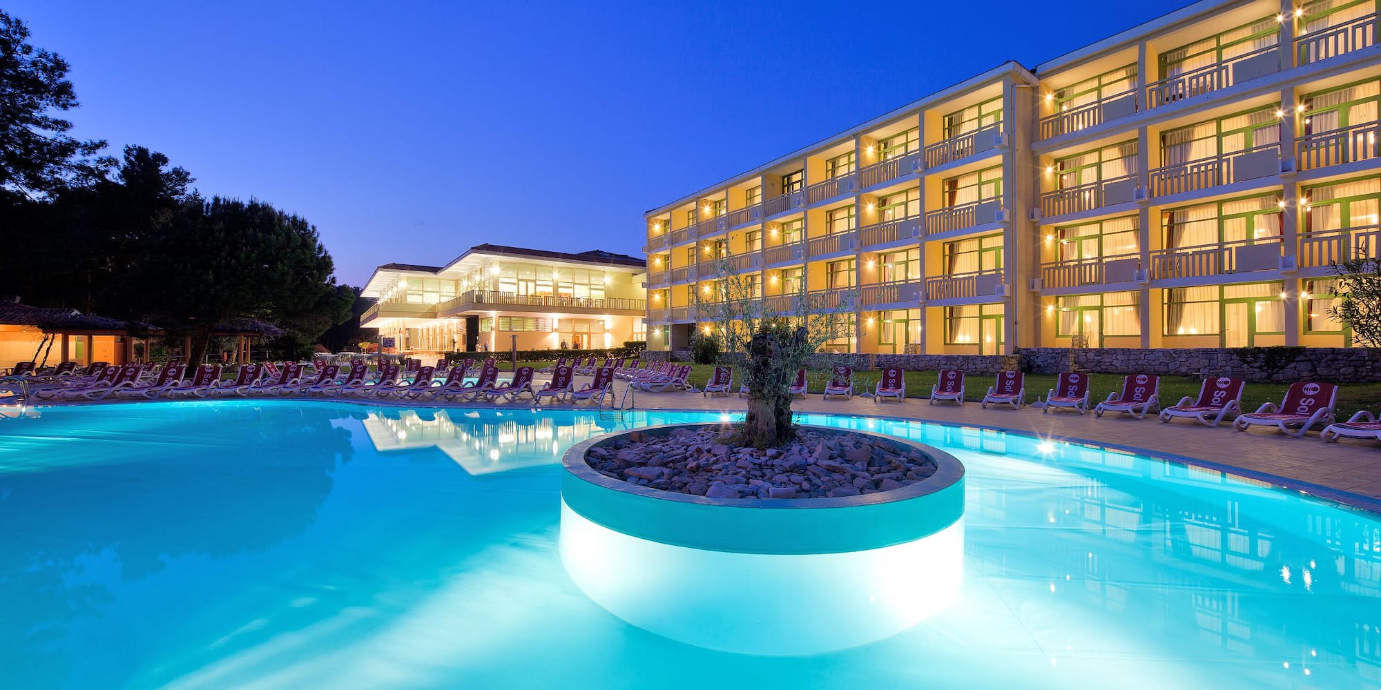 a pool with a large building and a tree in it