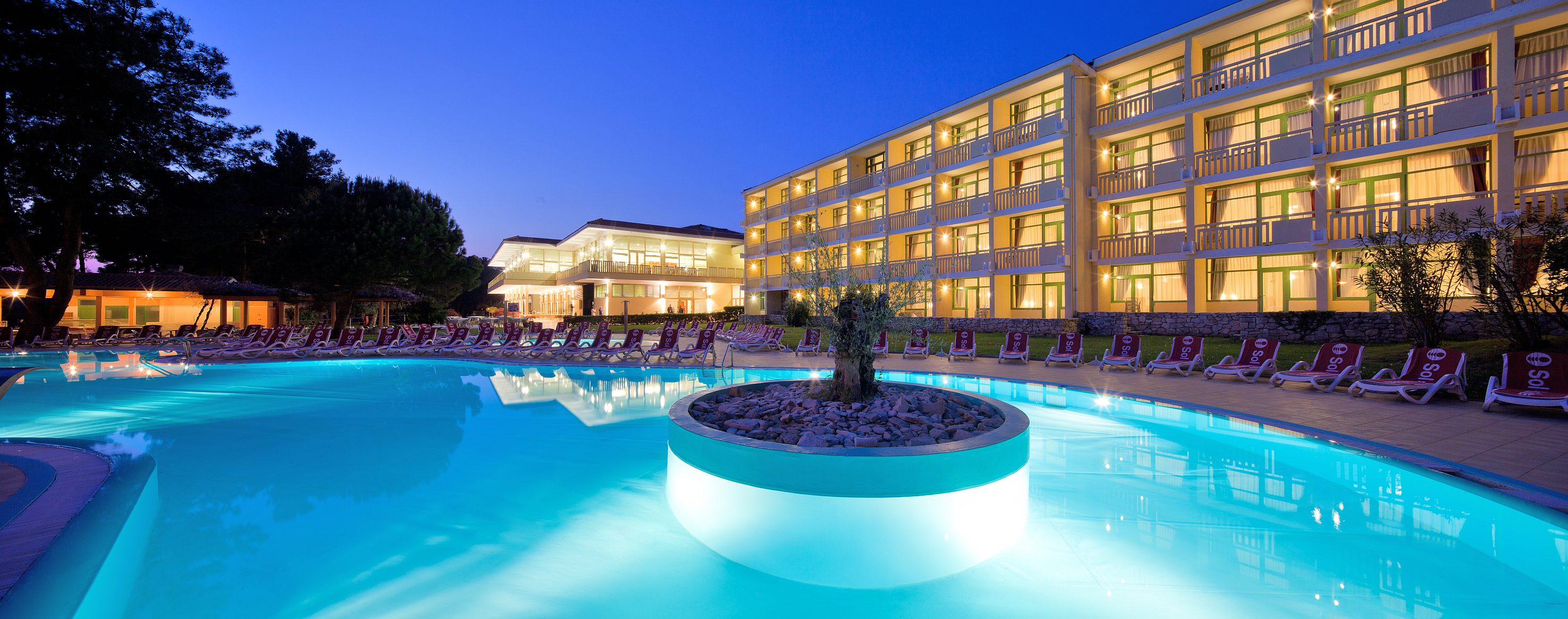 a pool with a large building and a tree in it