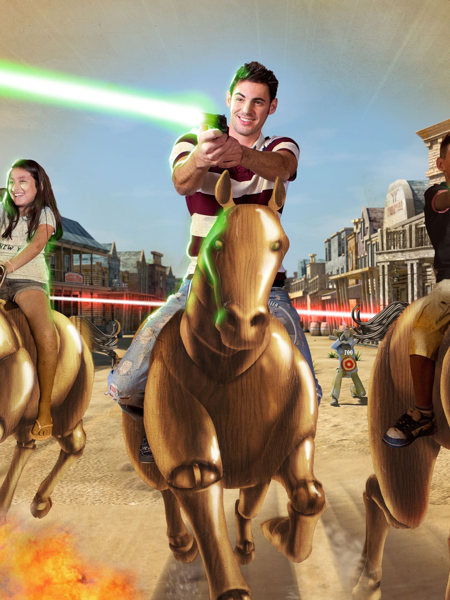 a group of people riding horses with laser beams