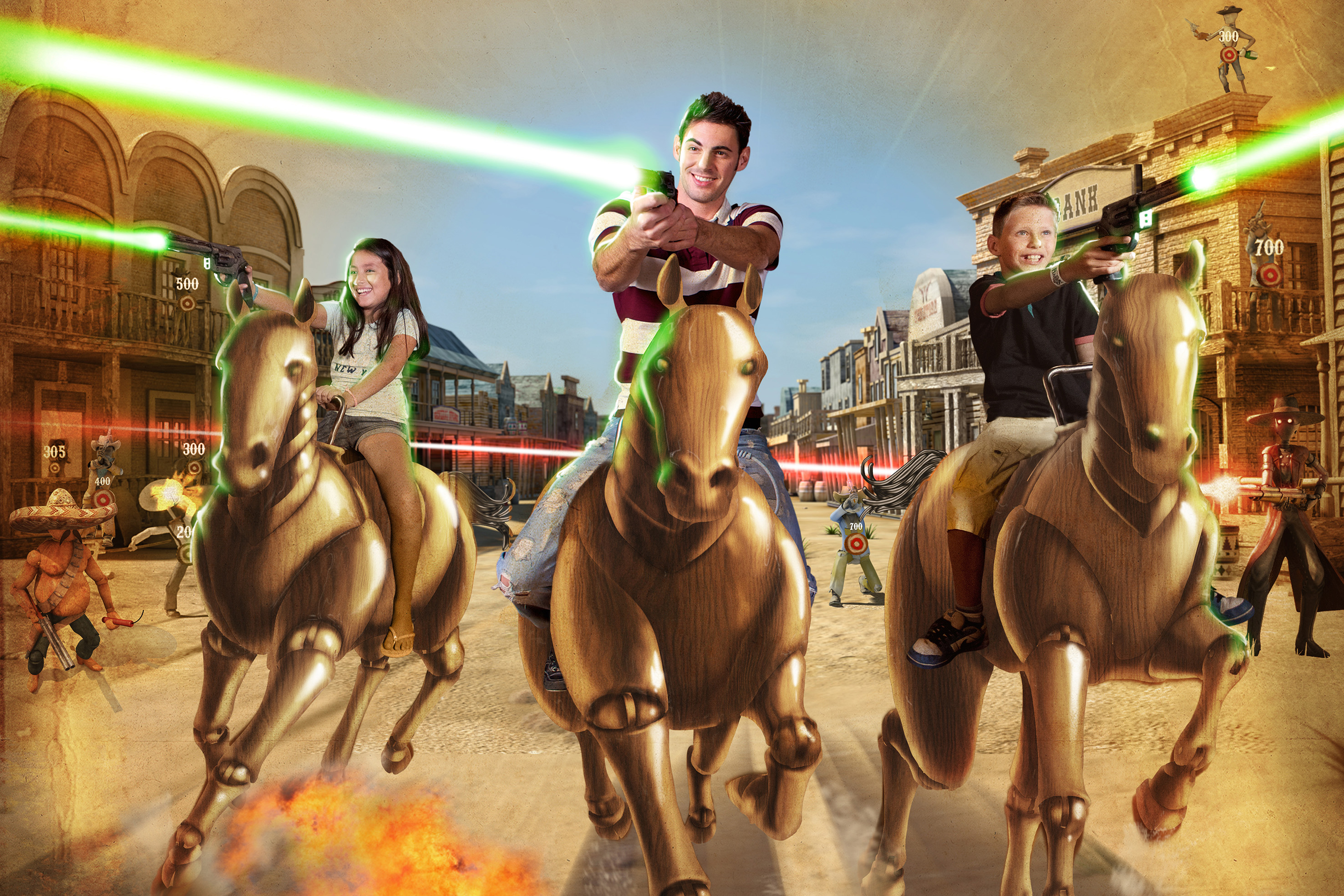 Wild West laser shooting game with people on wooden horses in an arcade.