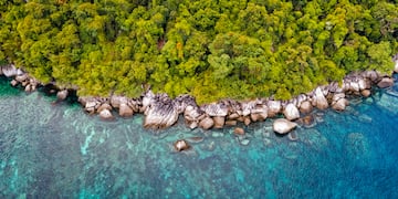 a aerial view of a rocky island with trees