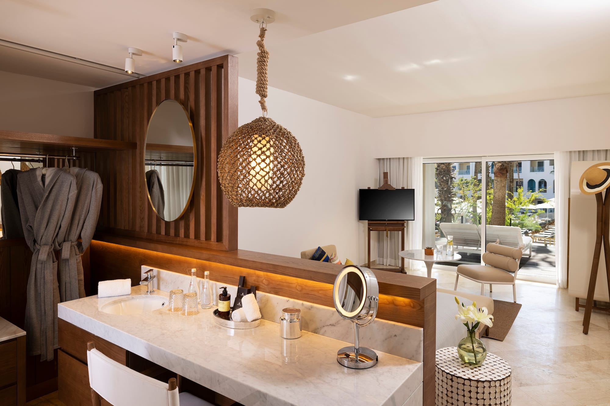 a bathroom with a mirror and a mirror