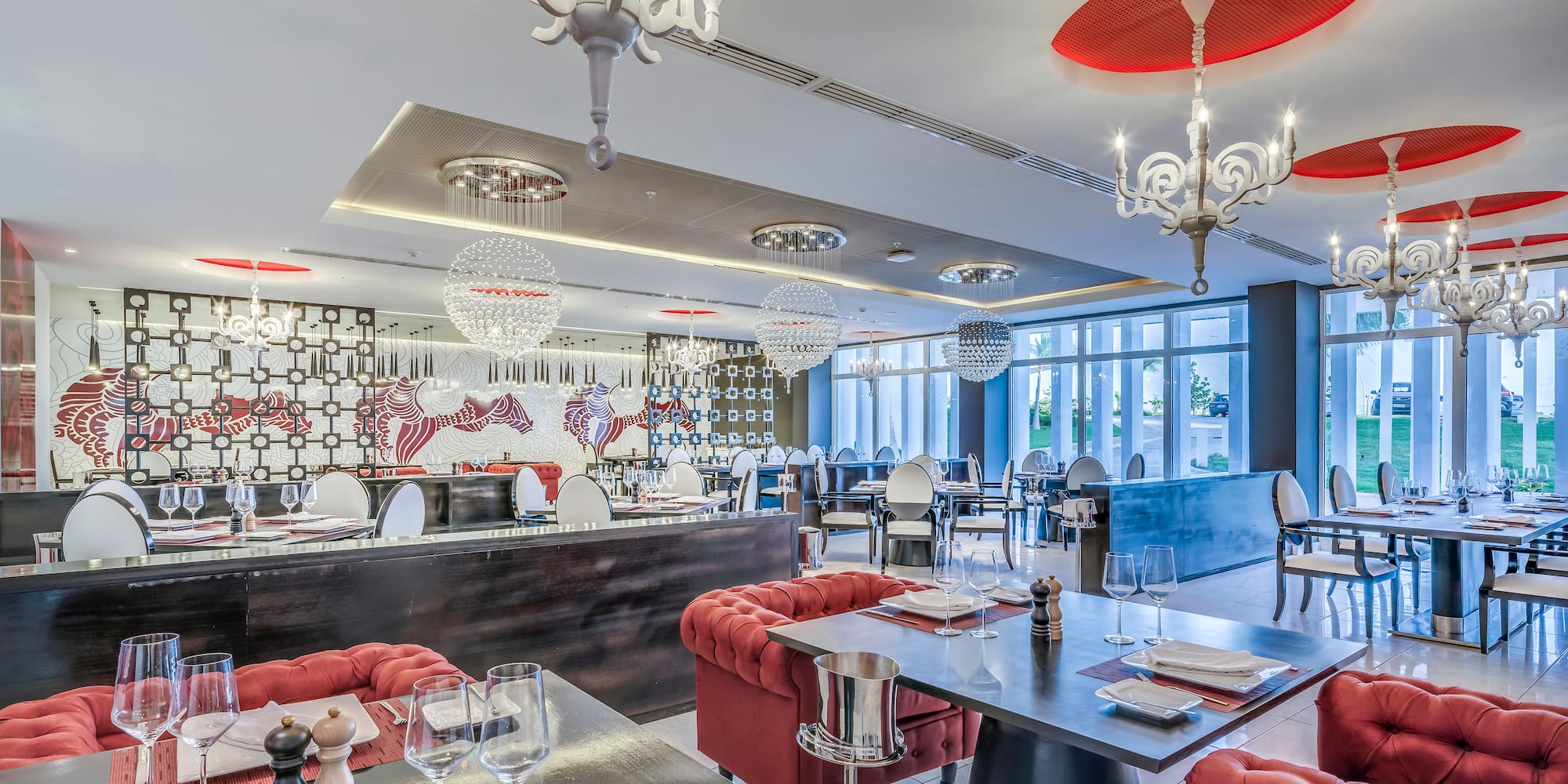 a restaurant with tables and chairs