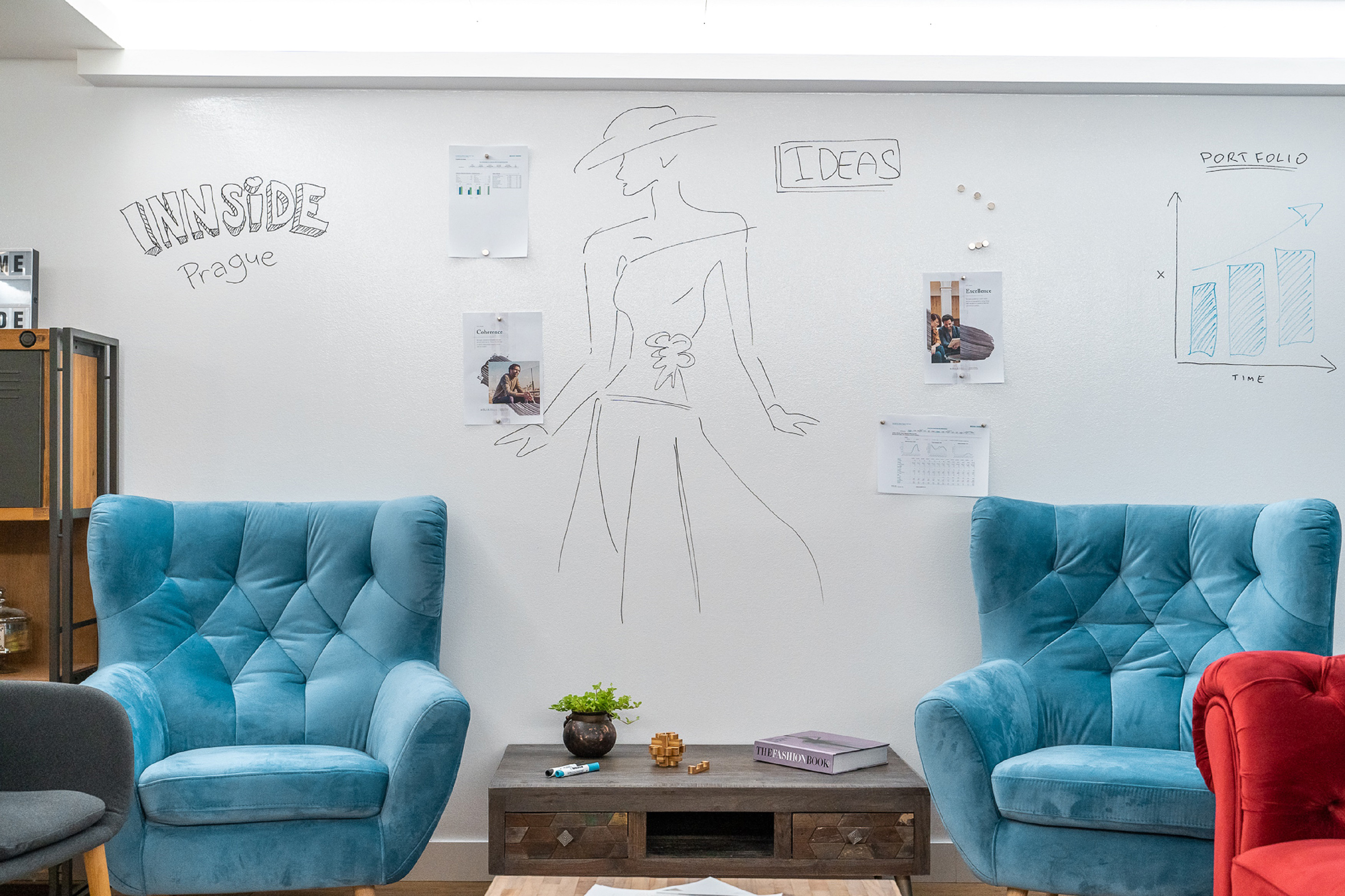 INNSIDE Prague: Blue chairs, whiteboard wall with fashion sketch, charts.