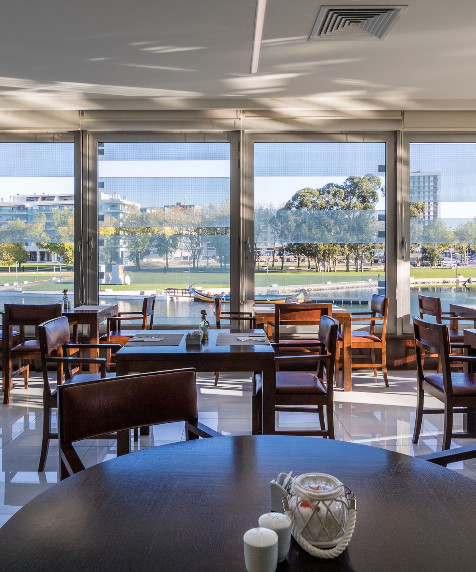 a room with tables and chairs