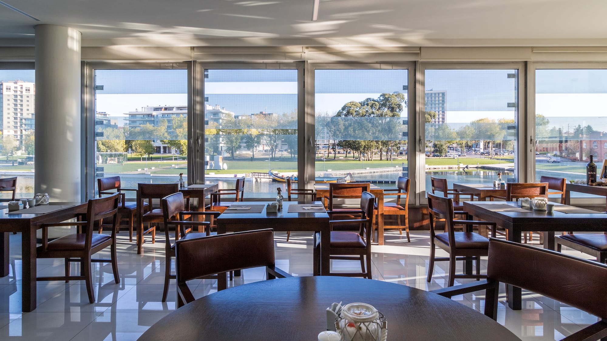 a room with tables and chairs