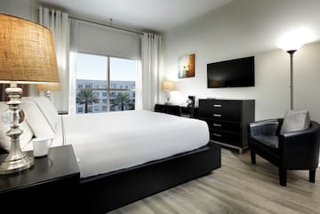 a bedroom with a bed and a television