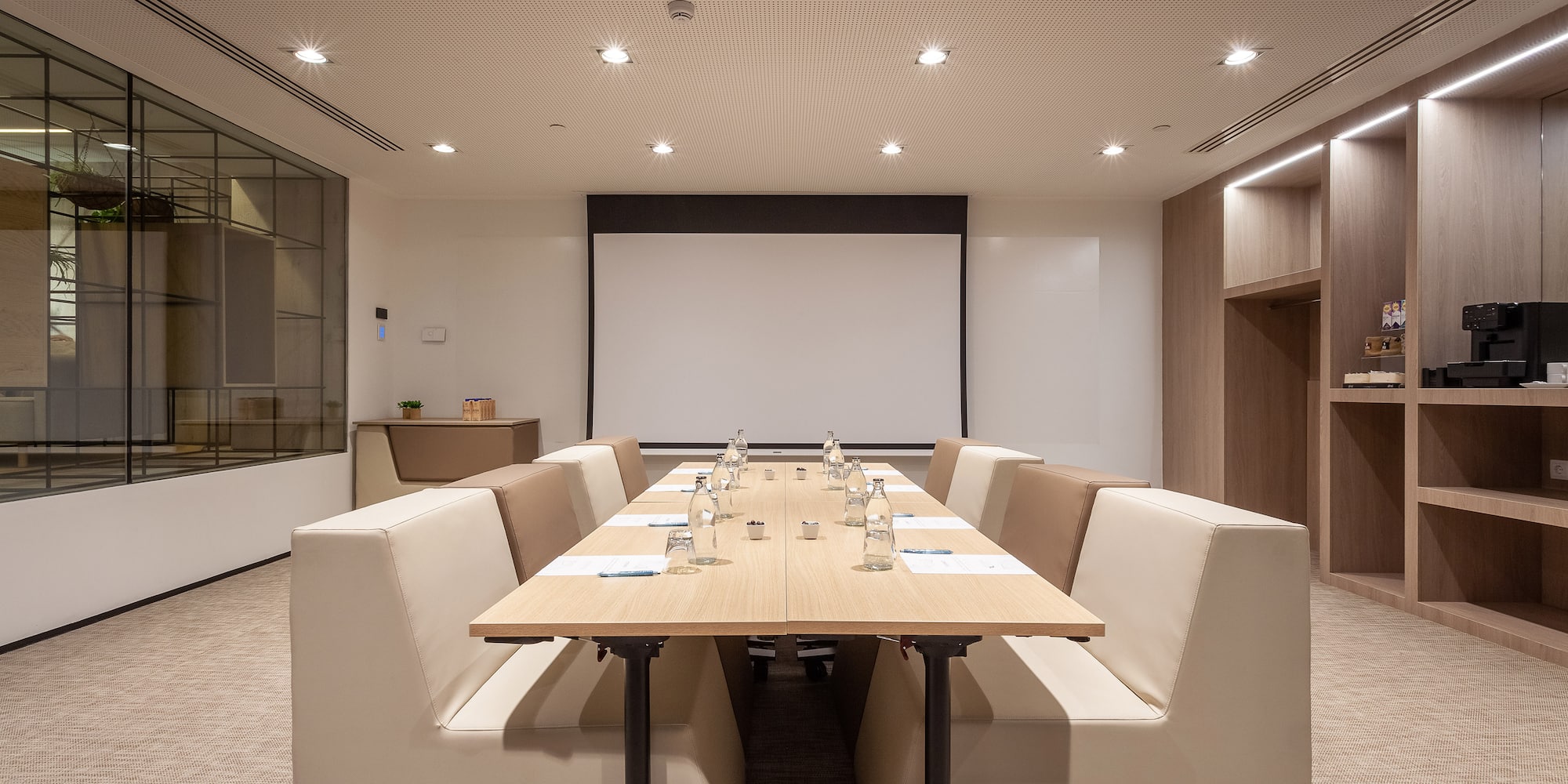 a room with a table and chairs