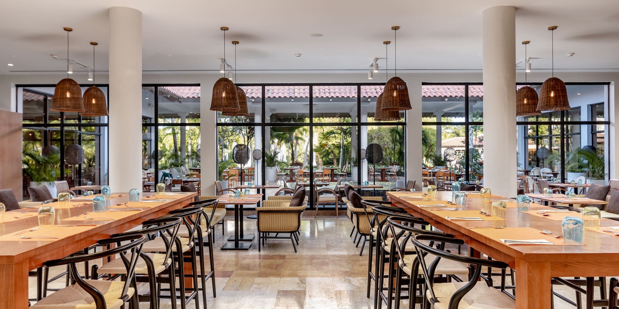a large room with tables and chairs