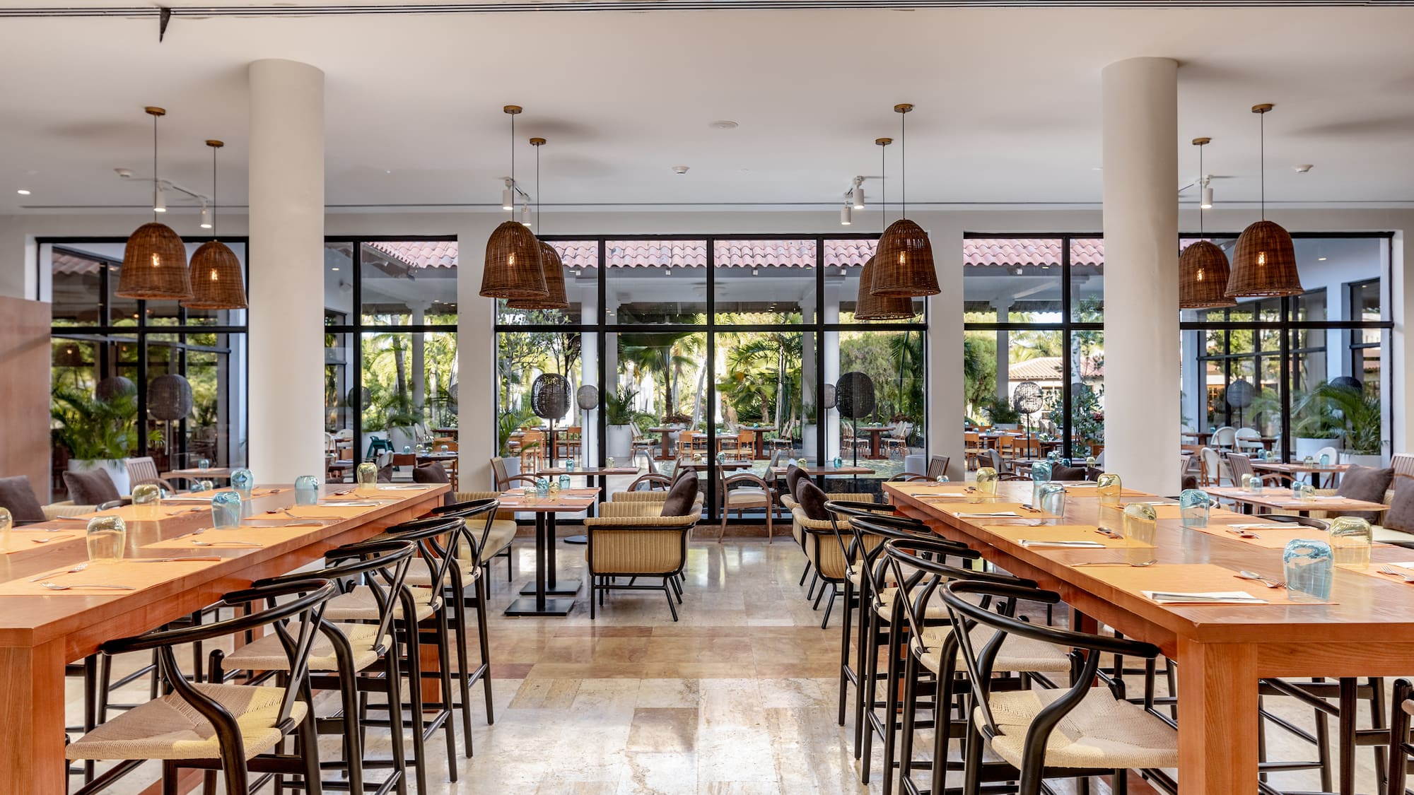 a large room with tables and chairs