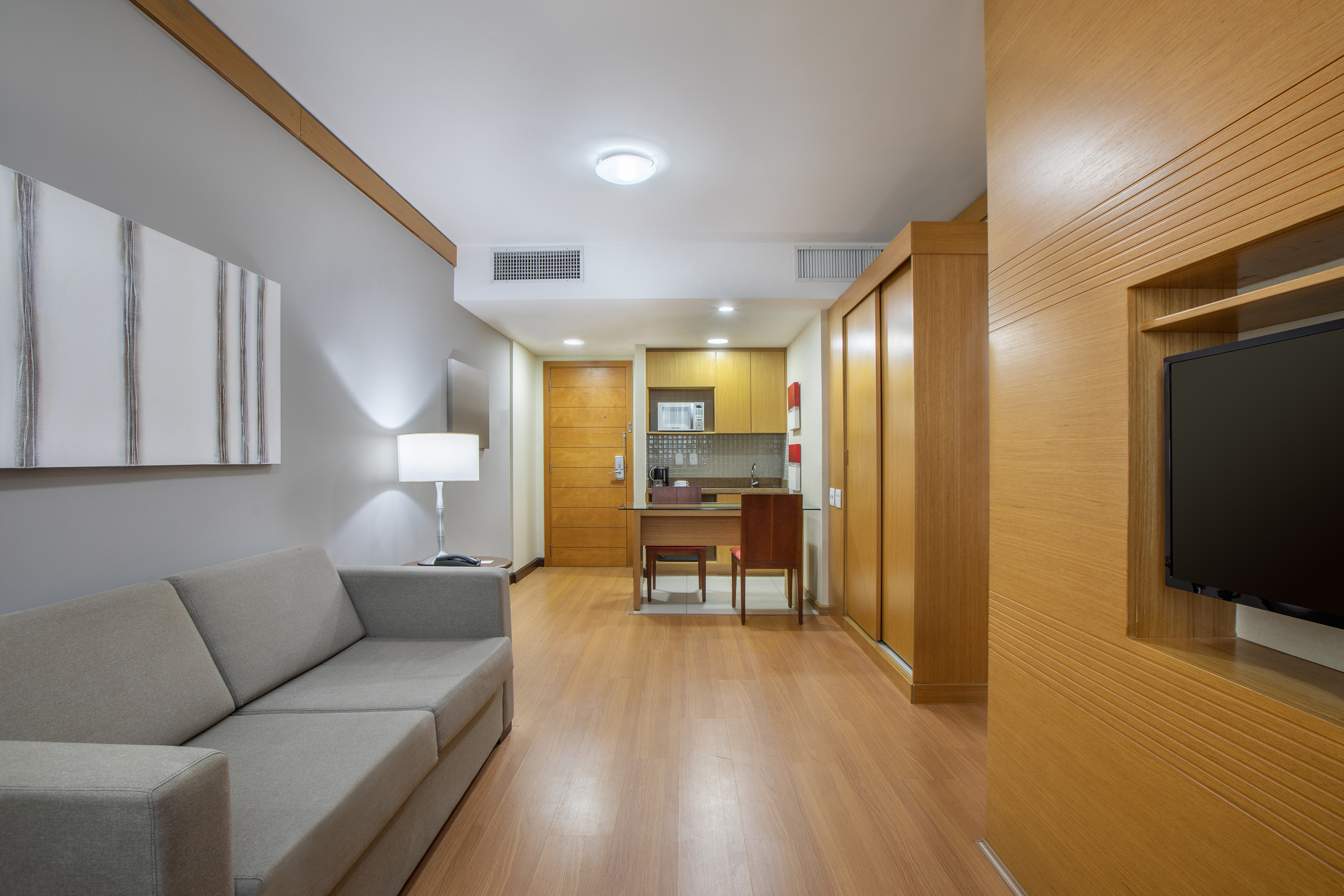 Modern studio apartment: sofa, wooden floor, kitchenette, dining, and TV.