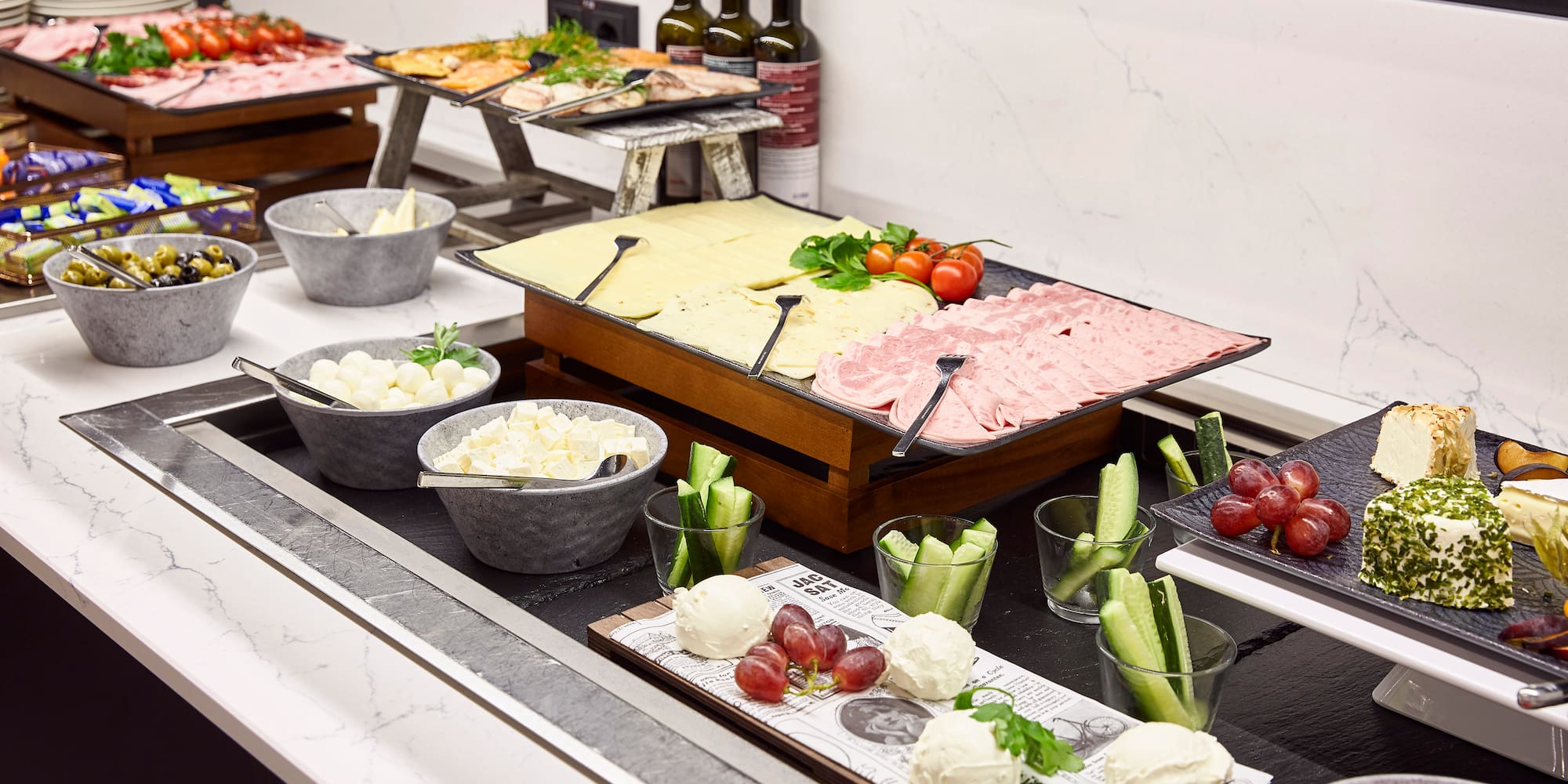 a buffet table with food on it