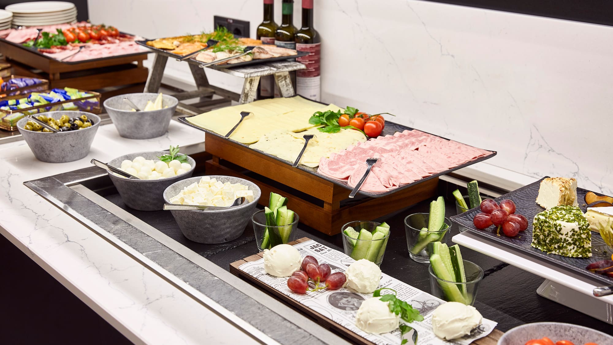a buffet table with food on it