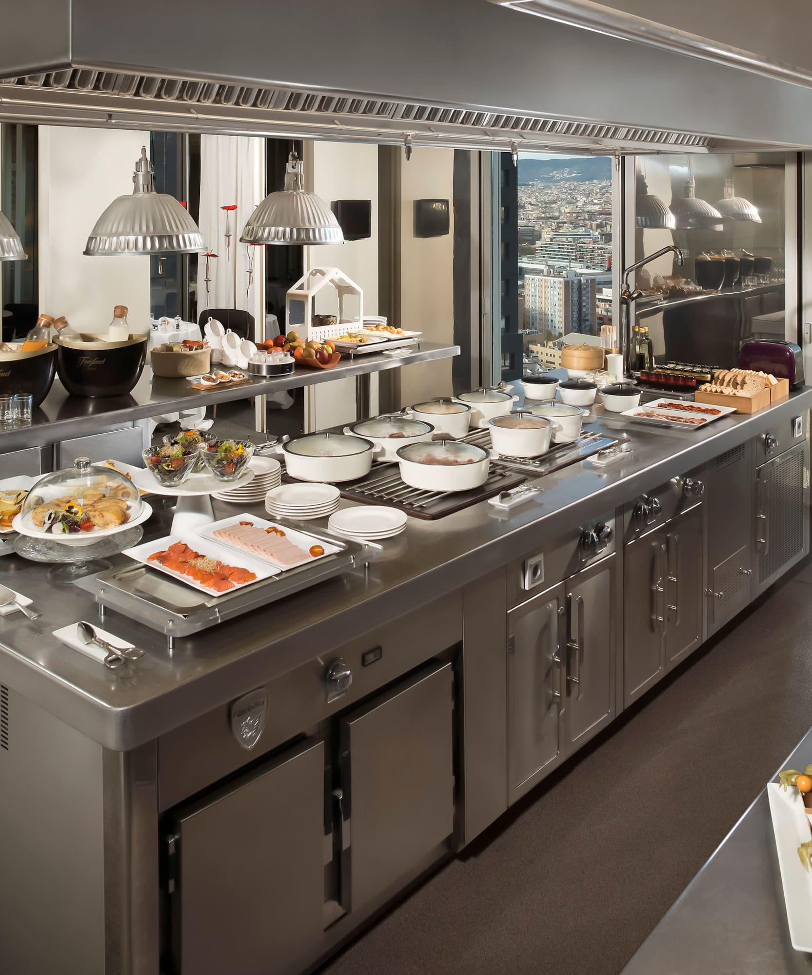 a large kitchen with many dishes