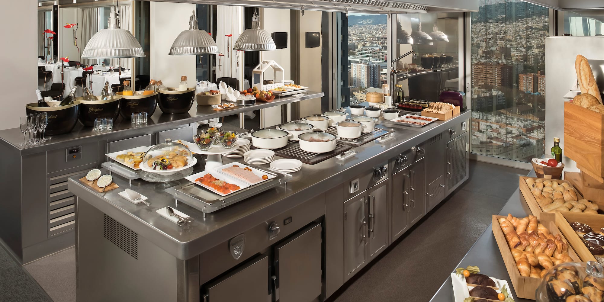 a large kitchen with many dishes