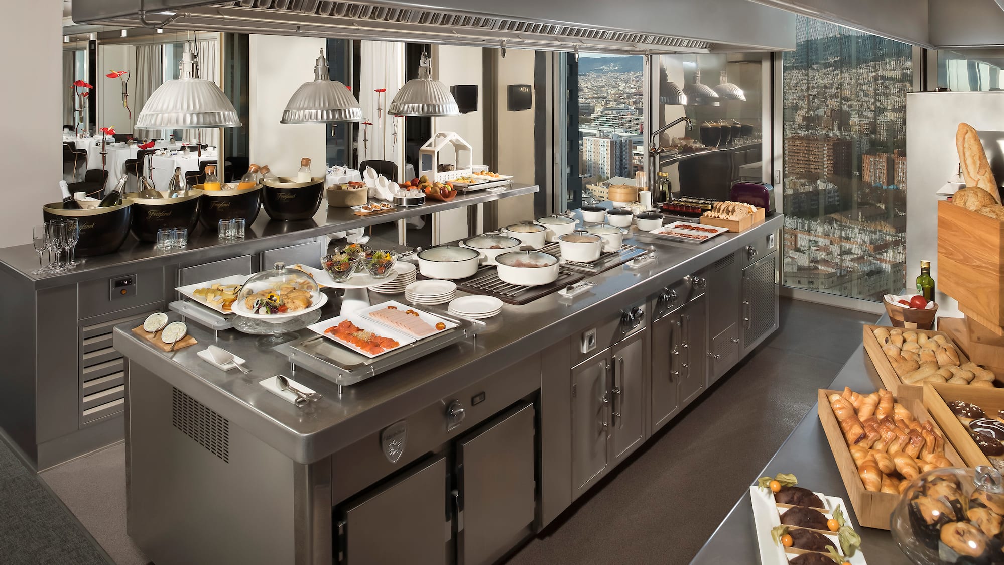 a large kitchen with many dishes