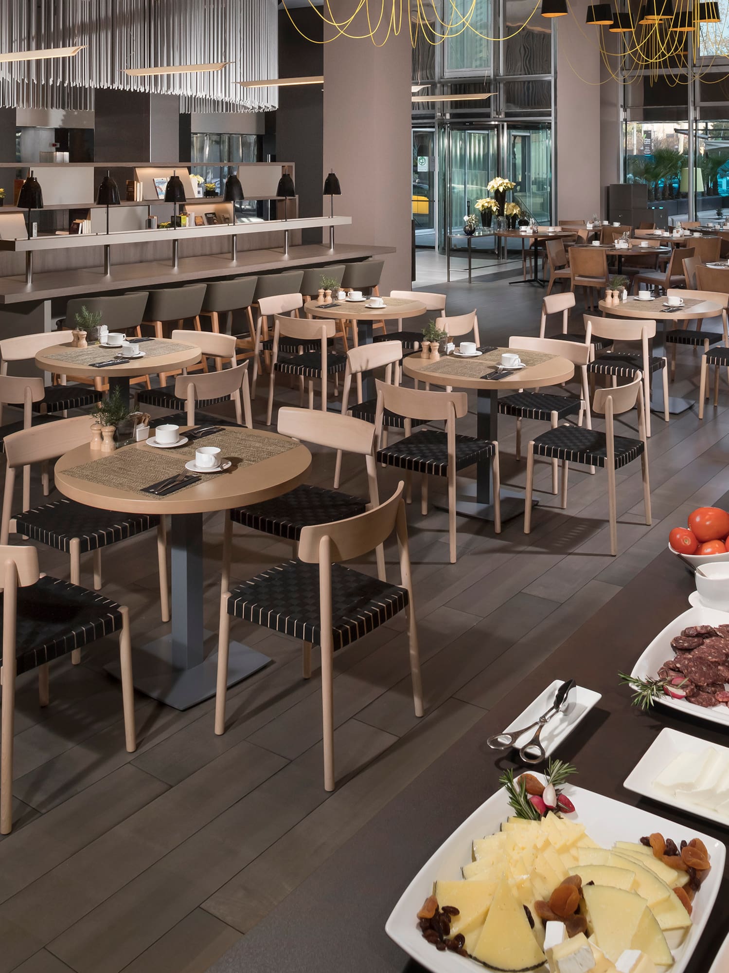 a large room with tables and food