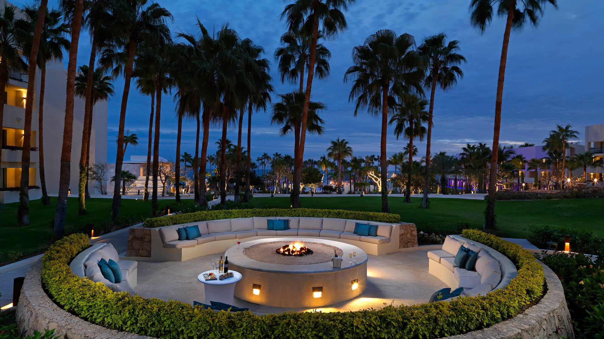 a circular fire pit with a fire pit surrounded by palm trees