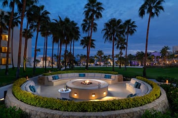 a circular fire pit with a fire pit surrounded by palm trees