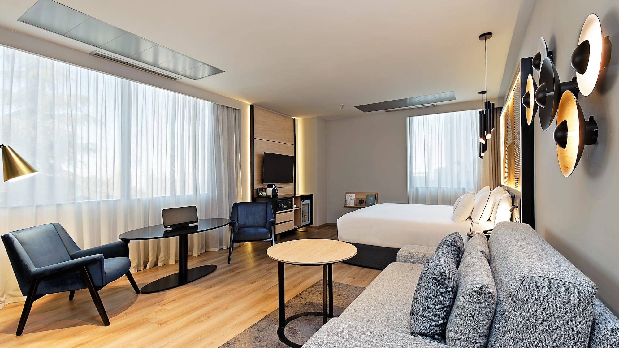 a room with a bed and a table