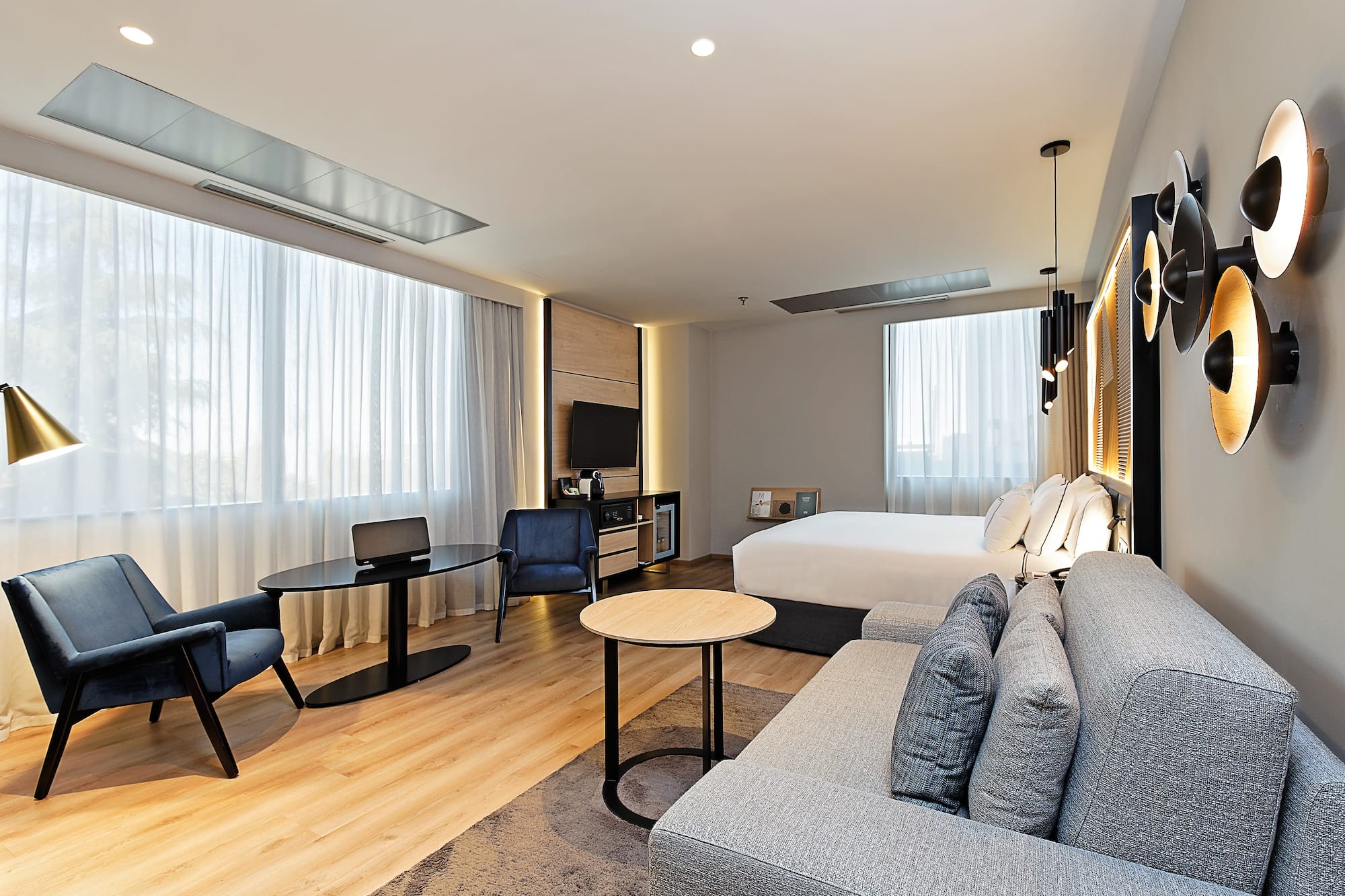 a room with a bed and a table