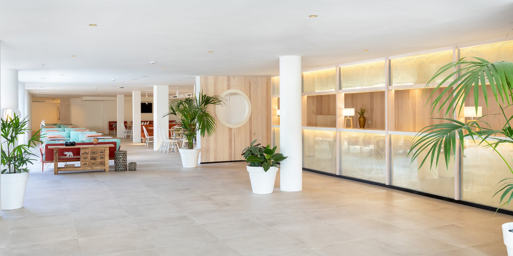 a room with plants and a large window