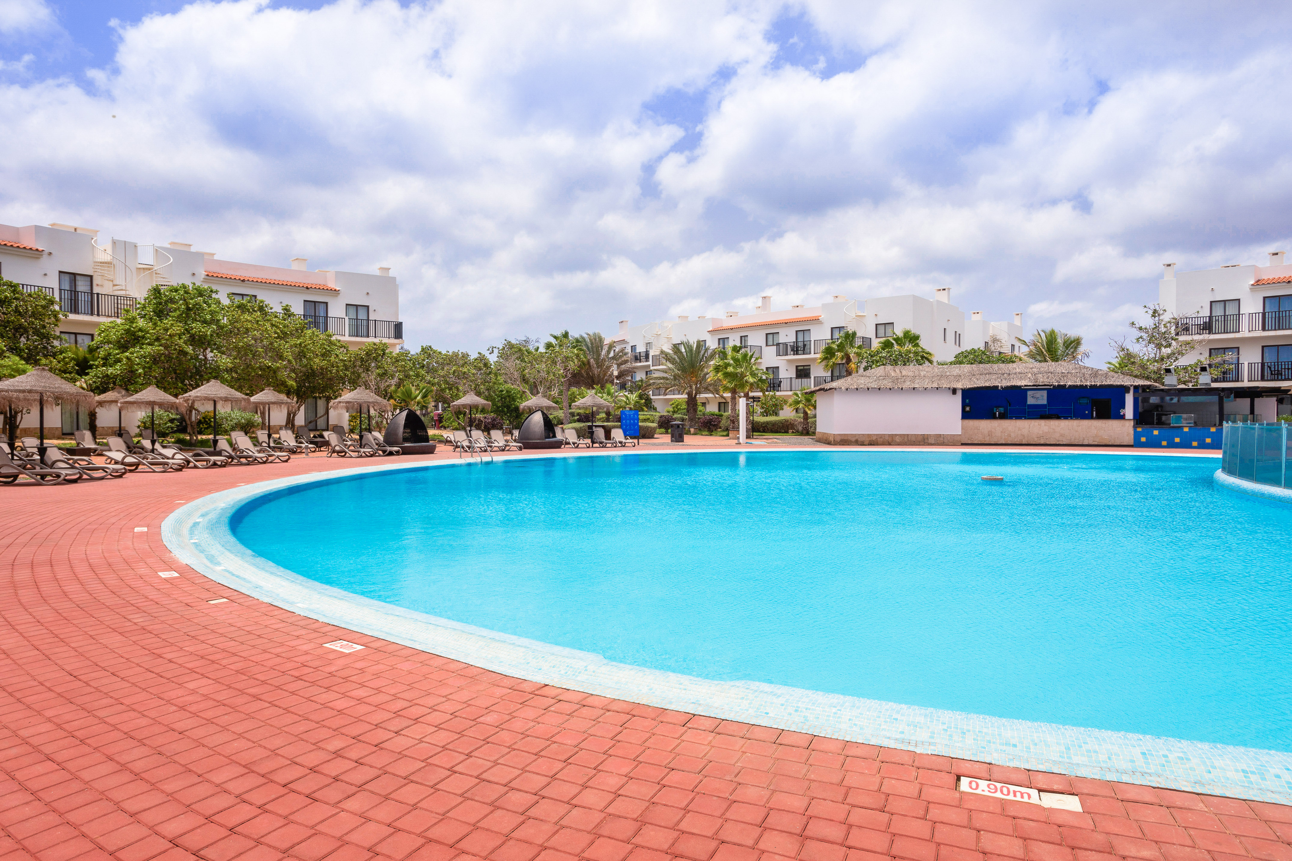 a pool with a brick walkway and trees