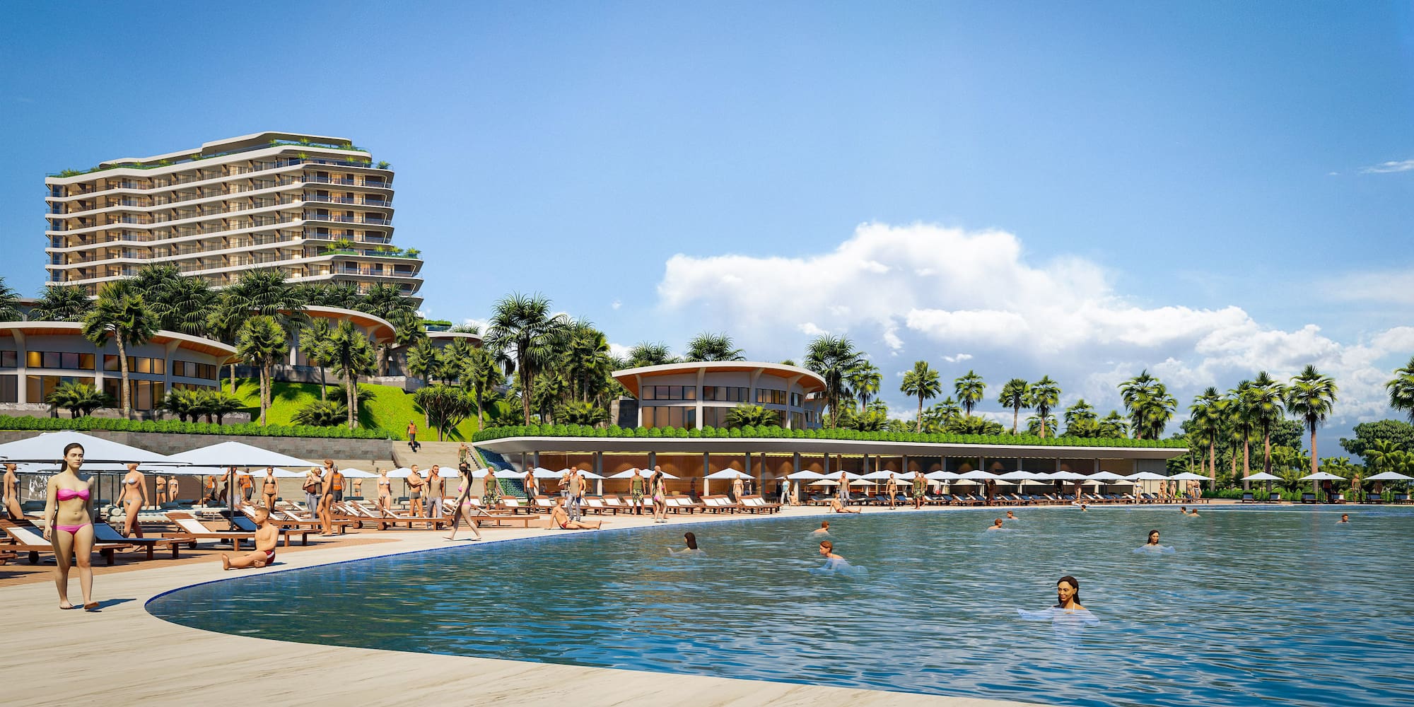 a pool with people swimming in it