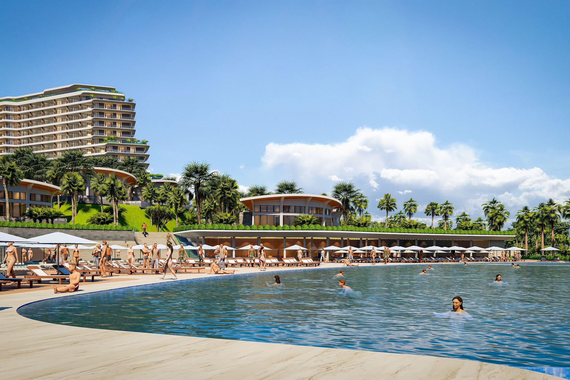 a pool with people swimming in it