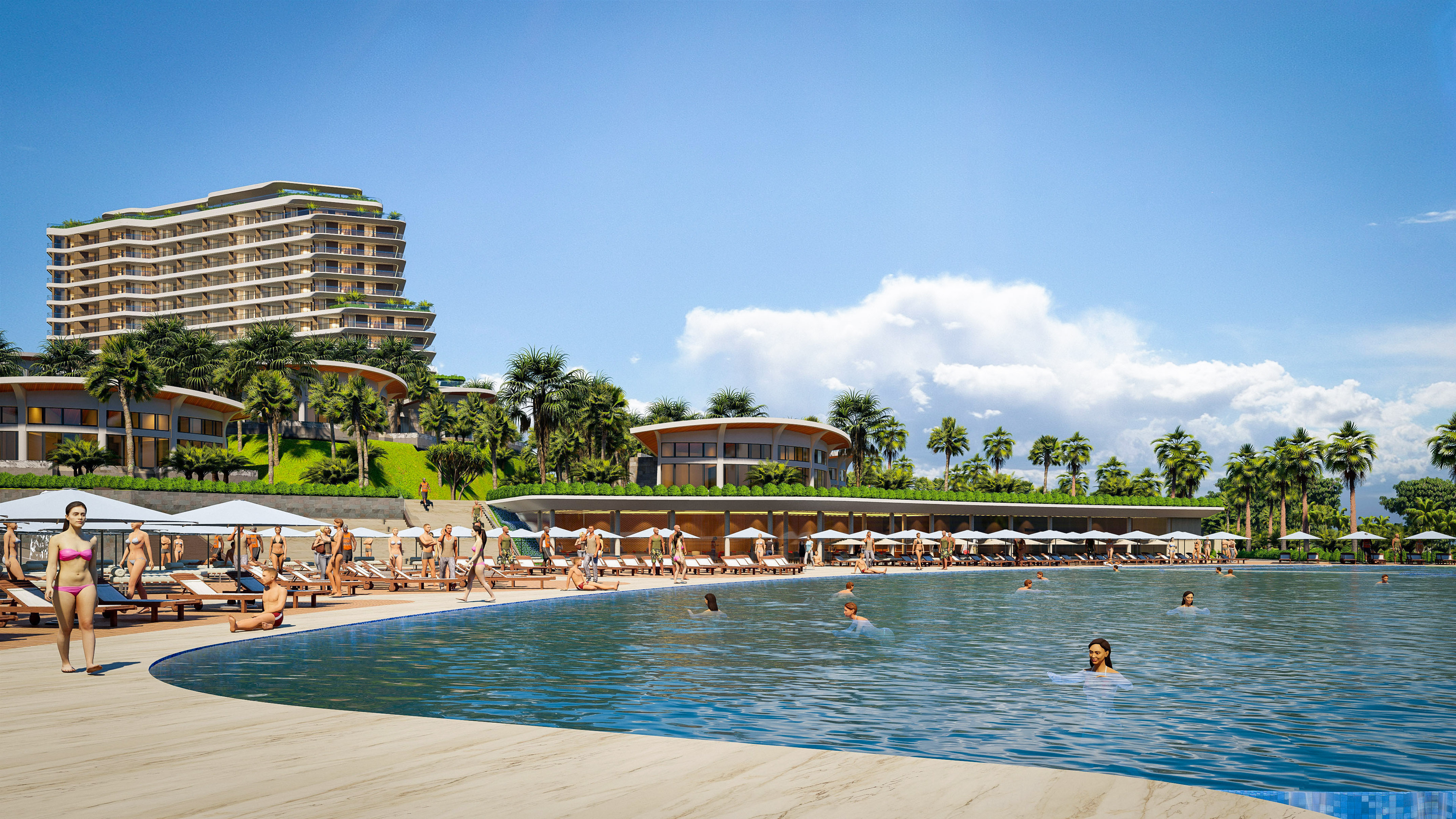 a pool with people swimming in it